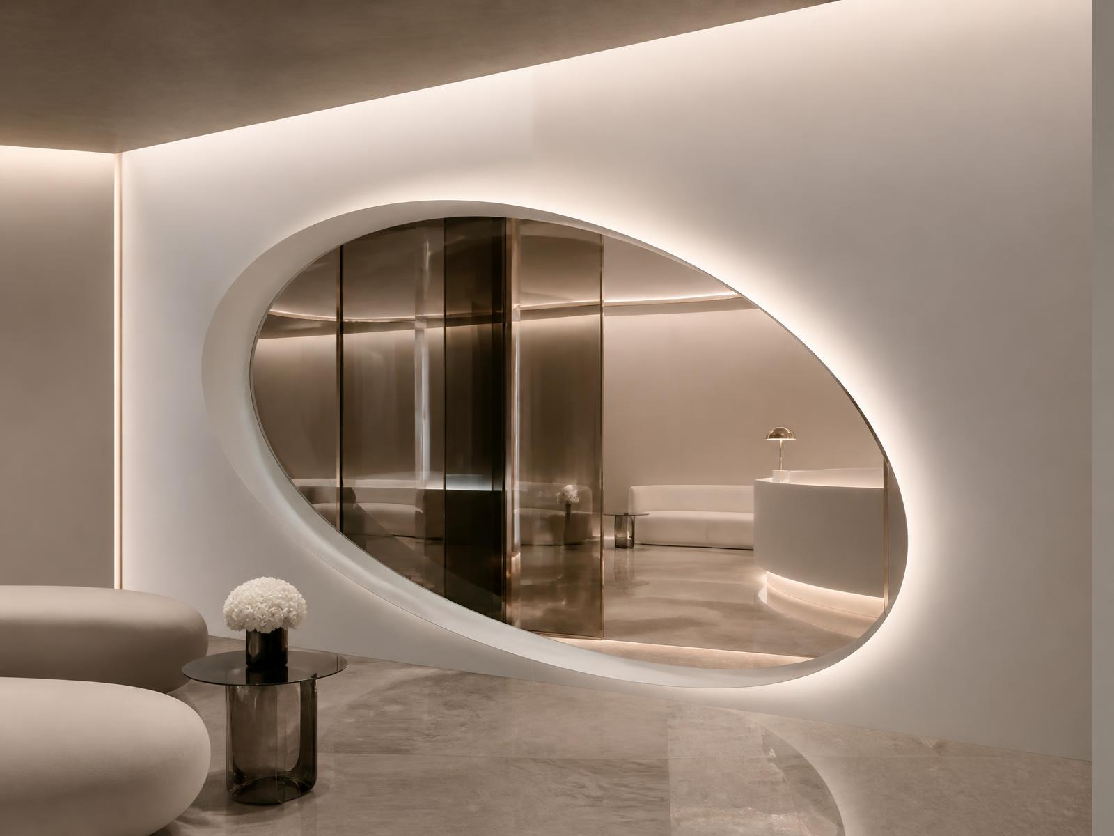 Illuminated elliptical portal in a minimalist private clinic interior