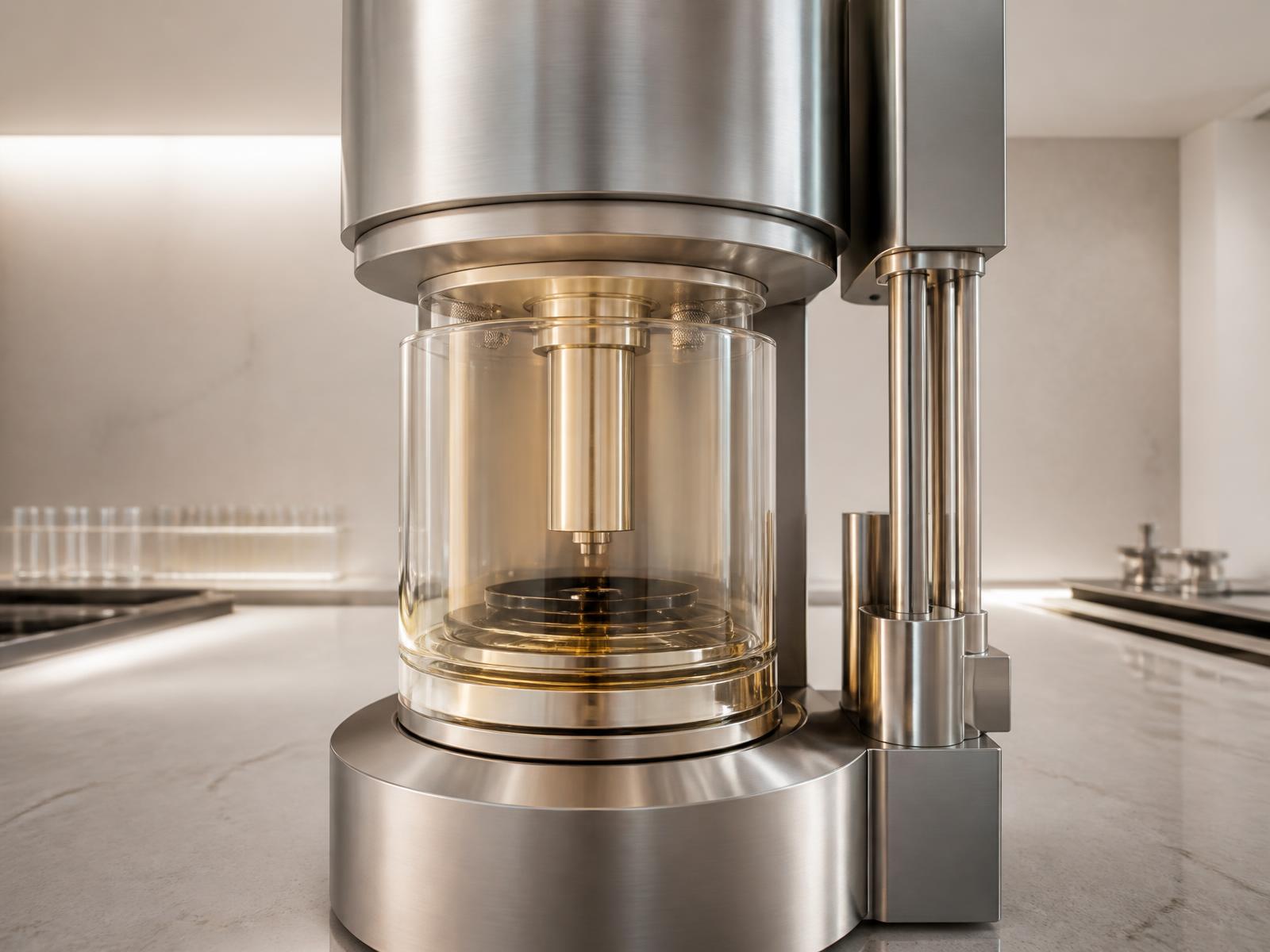 Precision laboratory instrument in brushed steel and glass